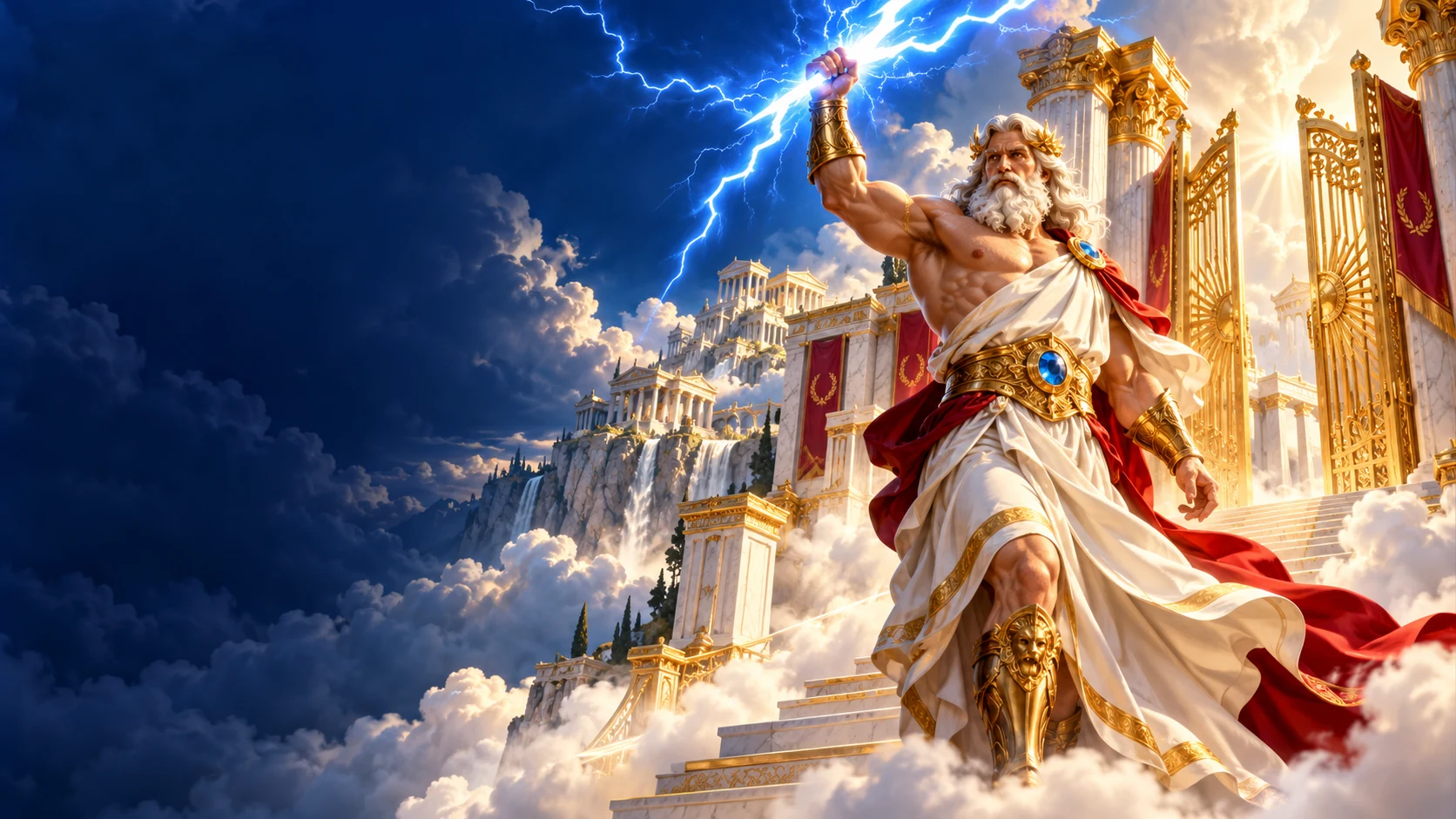 Illustration originale de Zeus et des portes de l’Olympe sous un ciel orageux